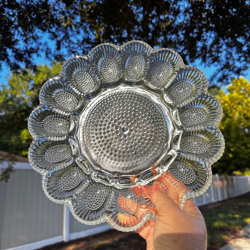 Vintage Clear Hobnail Glass Deviled Egg Platter Scalloped 15 Slot Server 11 Inch